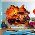 3D speed racer wall decal of a fiery sports car bursting through a cracked wall, perfect for kids' bedroom decoration.