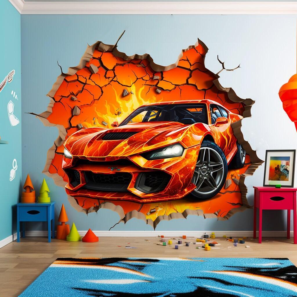 3D Speed Racer wall decal featuring a vibrant sports car breaking through the wall, perfect for kids' racing themed room.