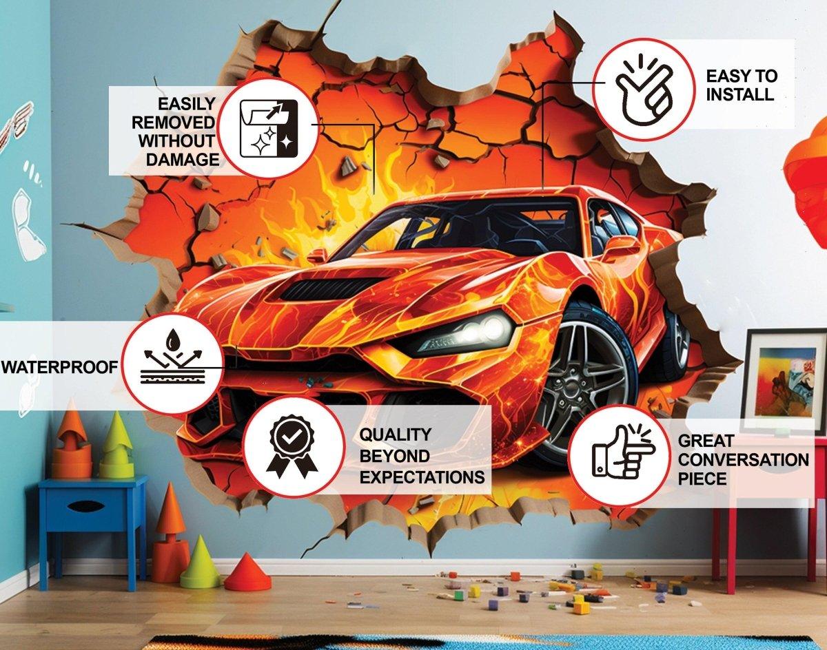 3D Speed Racer Wall Decal featuring a vibrant fire car design, ideal for dynamic children's room decoration.