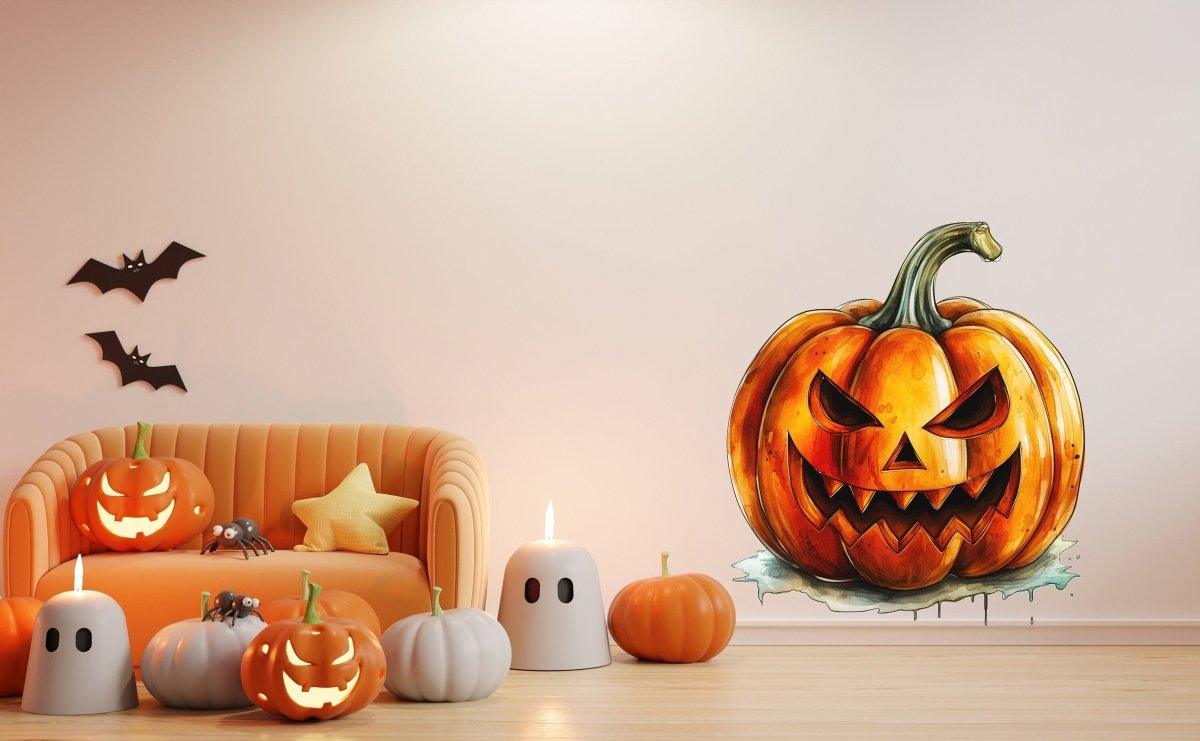 Spooky Halloween pumpkin wall sticker with creepy smile, adding festive charm to a stylish living room decoration.