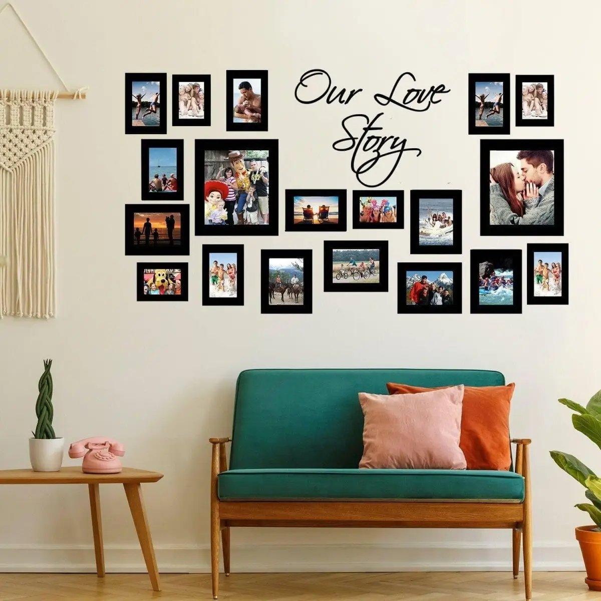 Wall art sticker collection titled 'Our Love Story' featuring stylish photo frames in a modern living space.