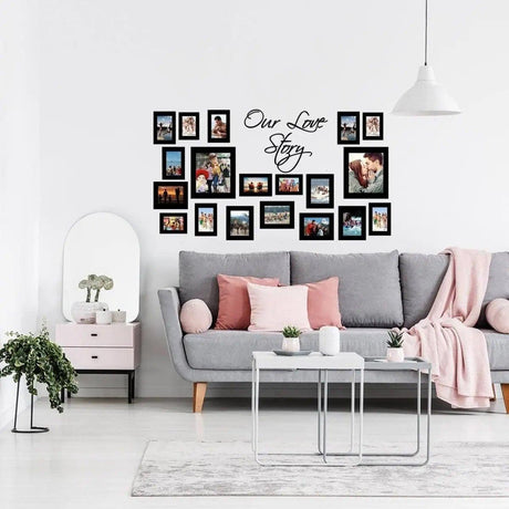 Stylish living room featuring a photo wall art sticker display with the text 'Our Love Story'.