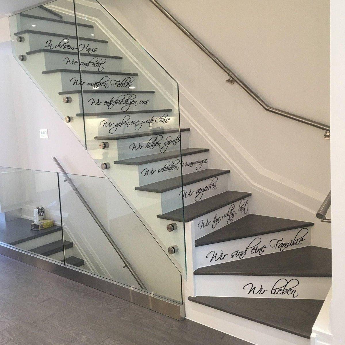 Elegant vinyl family quote decal on modern staircase, adding charm and warmth to home decor.