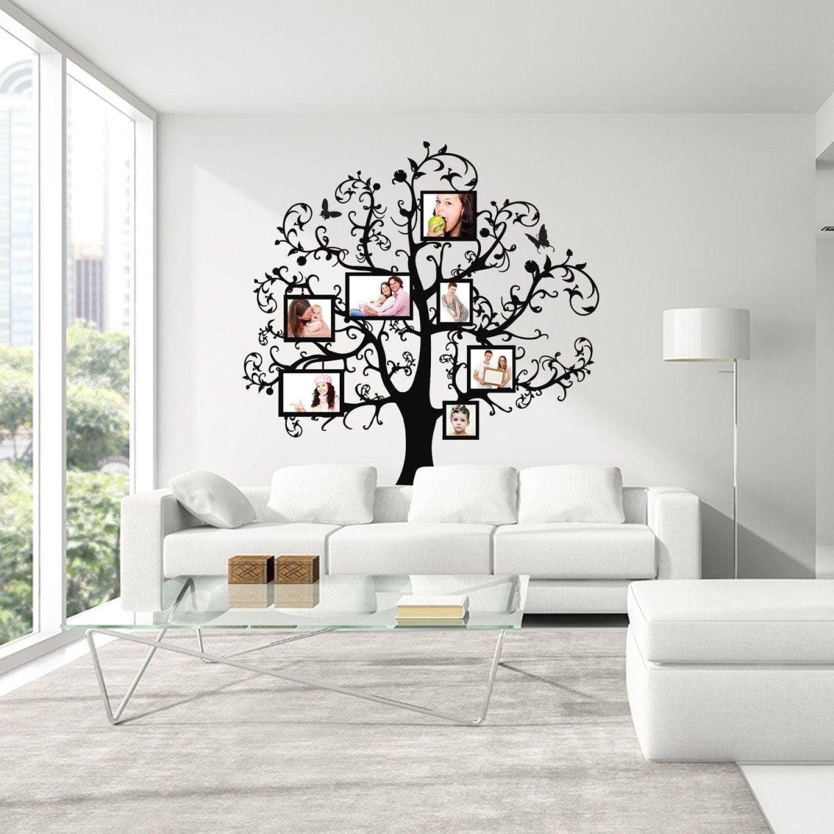 Chic family tree wall sticker decal with photo frames in modern living room decor.