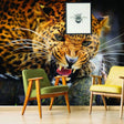Chic cat vinyl wall decal featuring a fierce jaguar in a stylish living room setting with modern furniture.