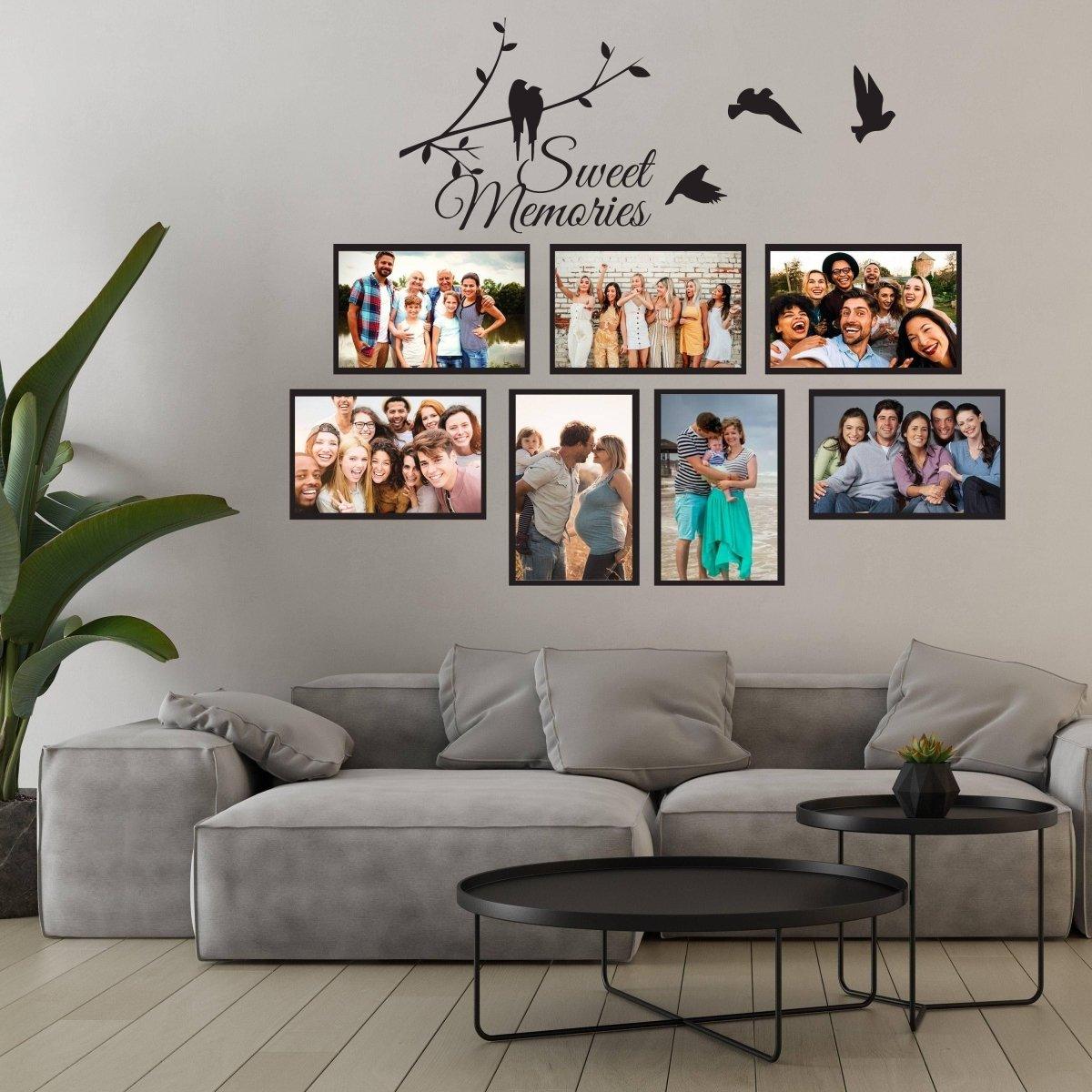 Vinyl wall decal with picture frames and 'Sweet Memories' text, enhancing a stylish living room decor.