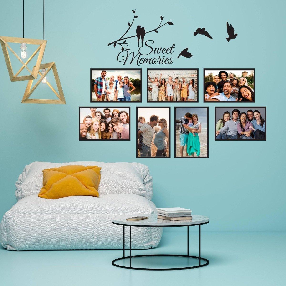 Vinyl wall decal with frames and birds, showcasing sweet memories in a stylish living room setting.