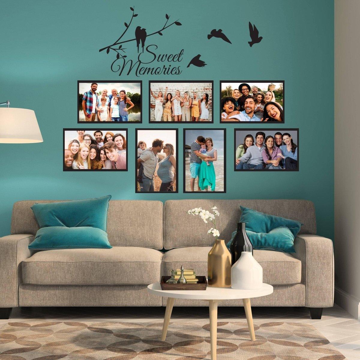 Vinyl wall decal featuring stylish photo frames and 'Sweet Memories' text above a cozy living room setup.