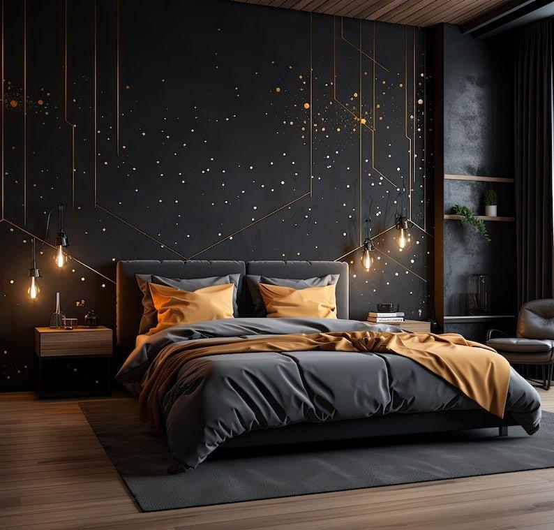 Modern bedroom with geometric gold wall decals, featuring a chic black and gold decor, stylish bedding, and ambient lighting.