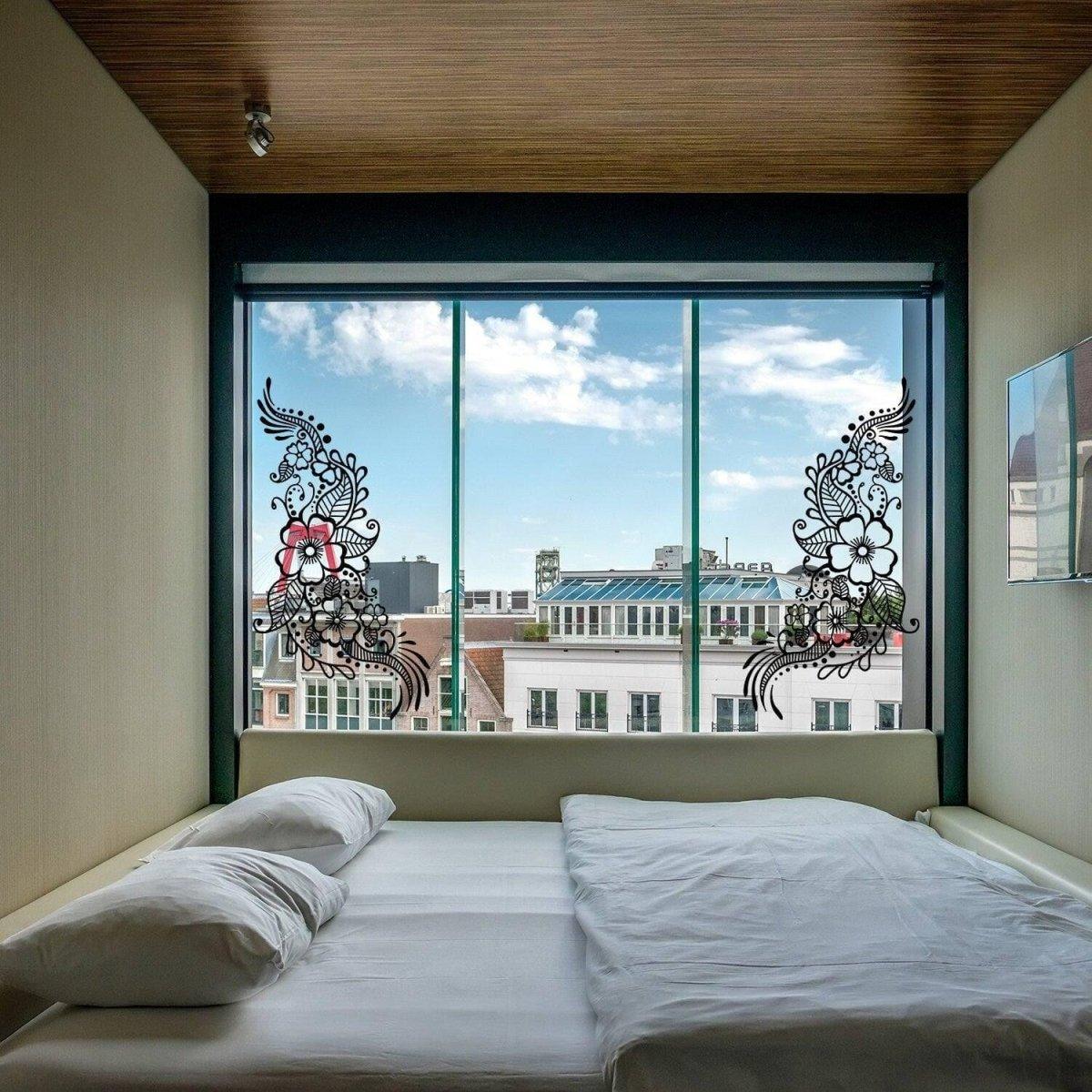 Henna art inspired wall decal showcased in a modern bedroom window, adding elegance and charm to the space.