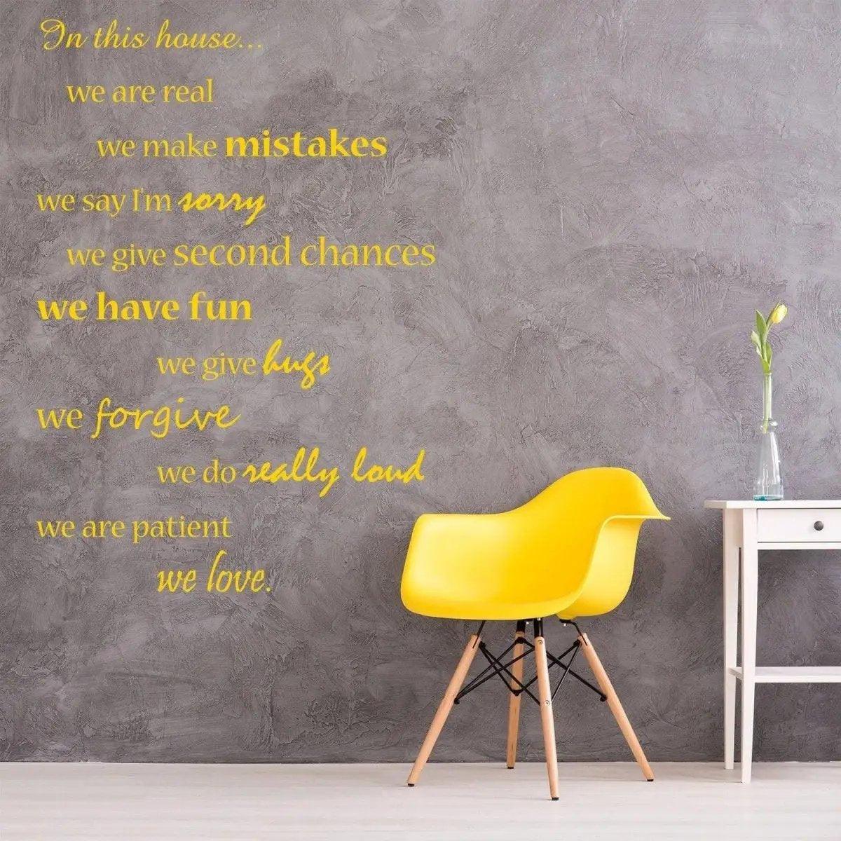 Inspirational wall decal featuring house rules on a gray wall with a yellow chair and minimalist decor.
