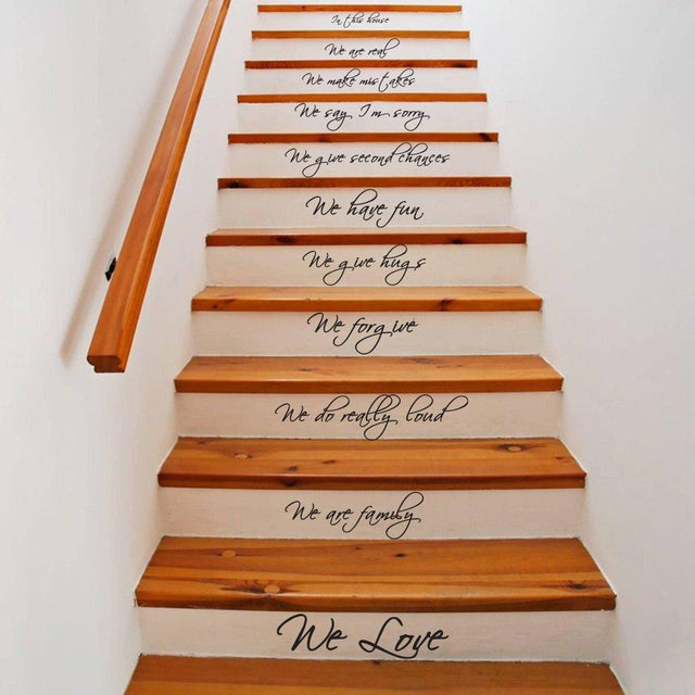 Stylish staircase with vinyl quote decals enhancing home decor and transformation.