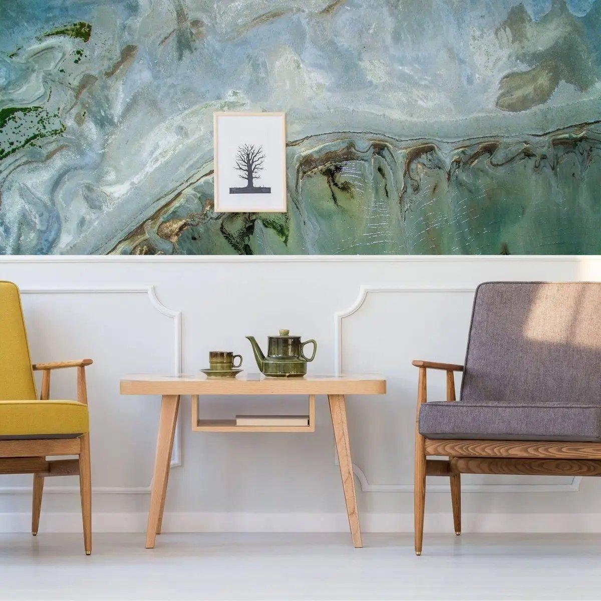 Chic marble design peel and stick wallpaper in a stylish living room setting with modern furniture and decor.