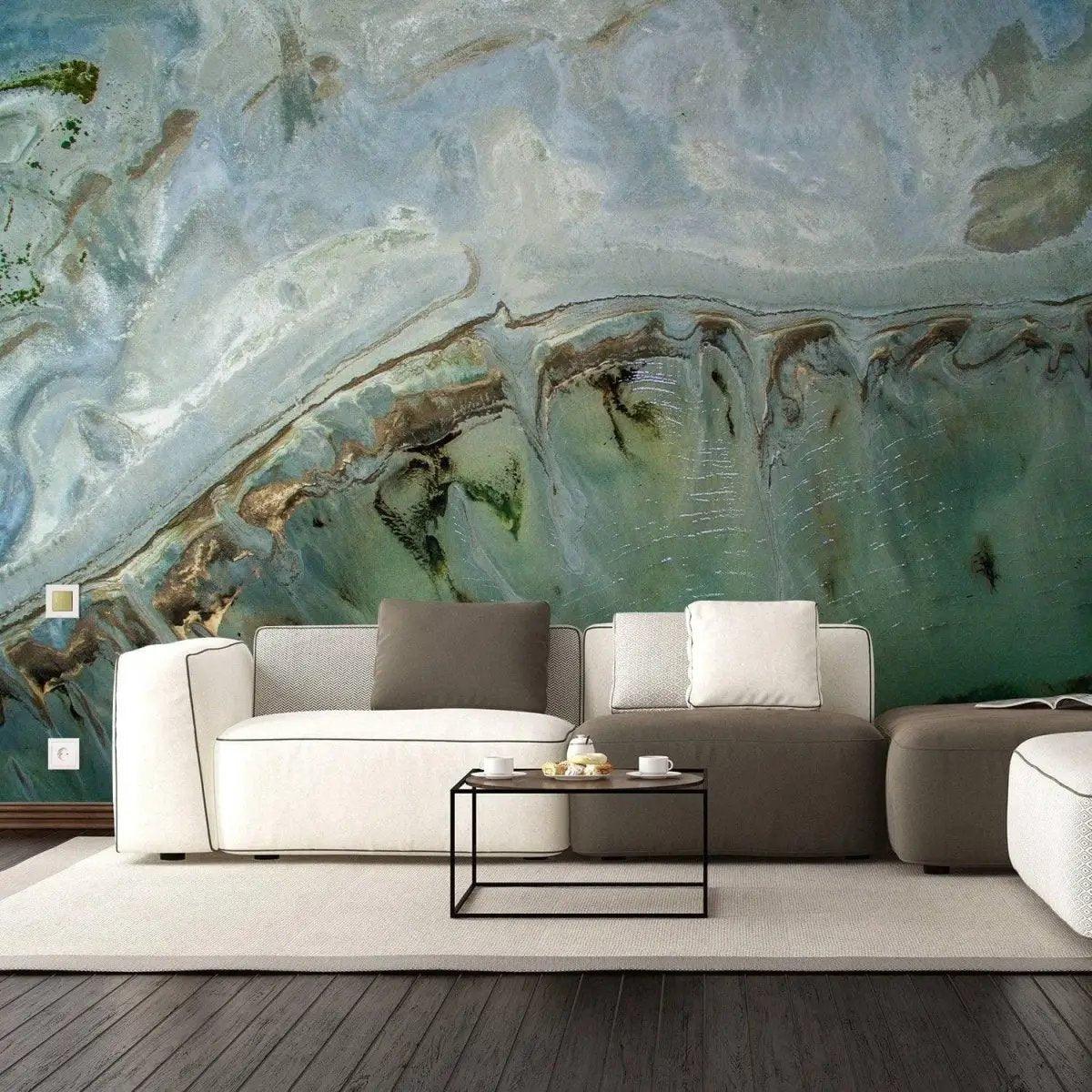 Chic marble design self-adhesive wallpaper in modern living room, enhancing decor with stunning stone effect.