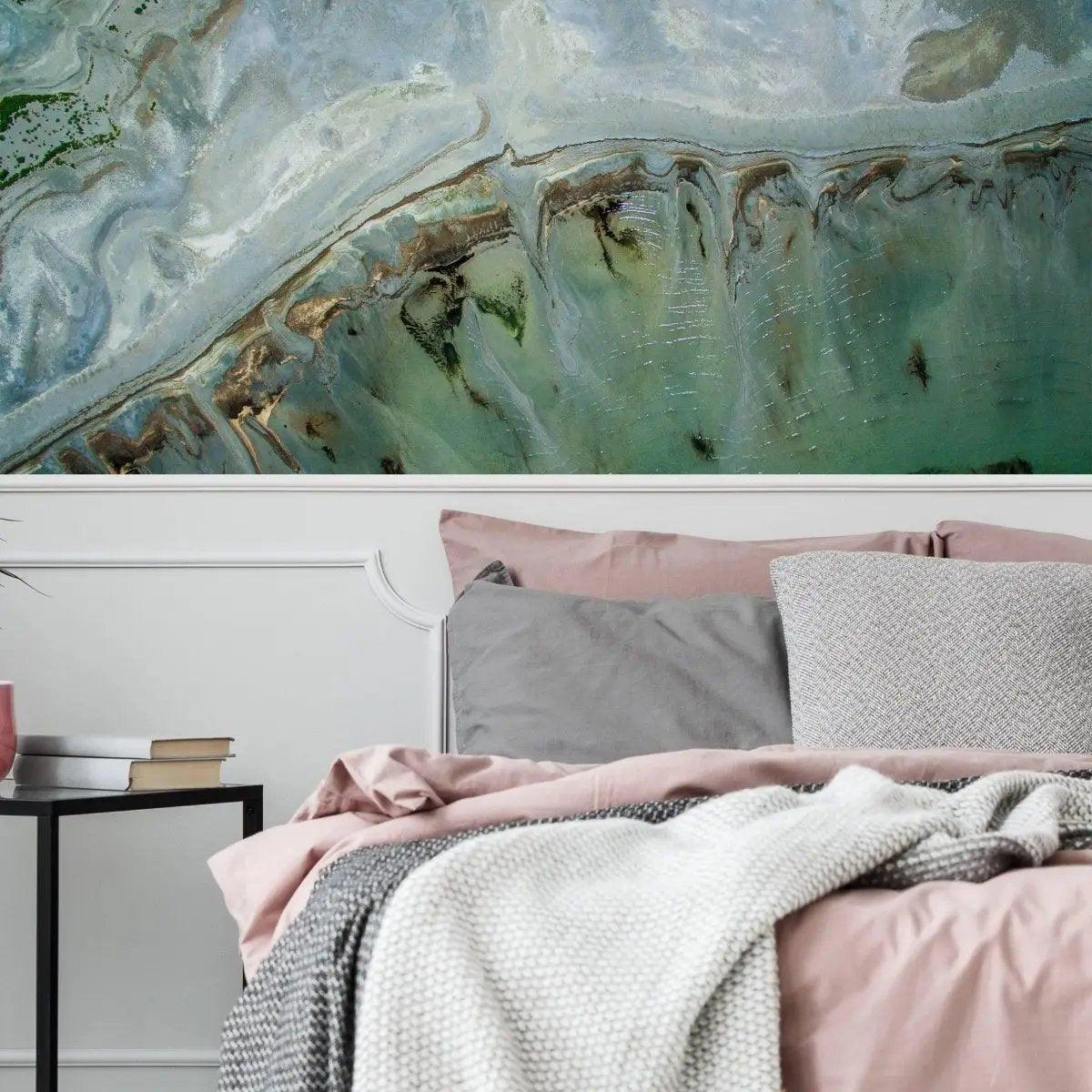 Chic marble design self-adhesive removable wallpaper in a modern bedroom setting.