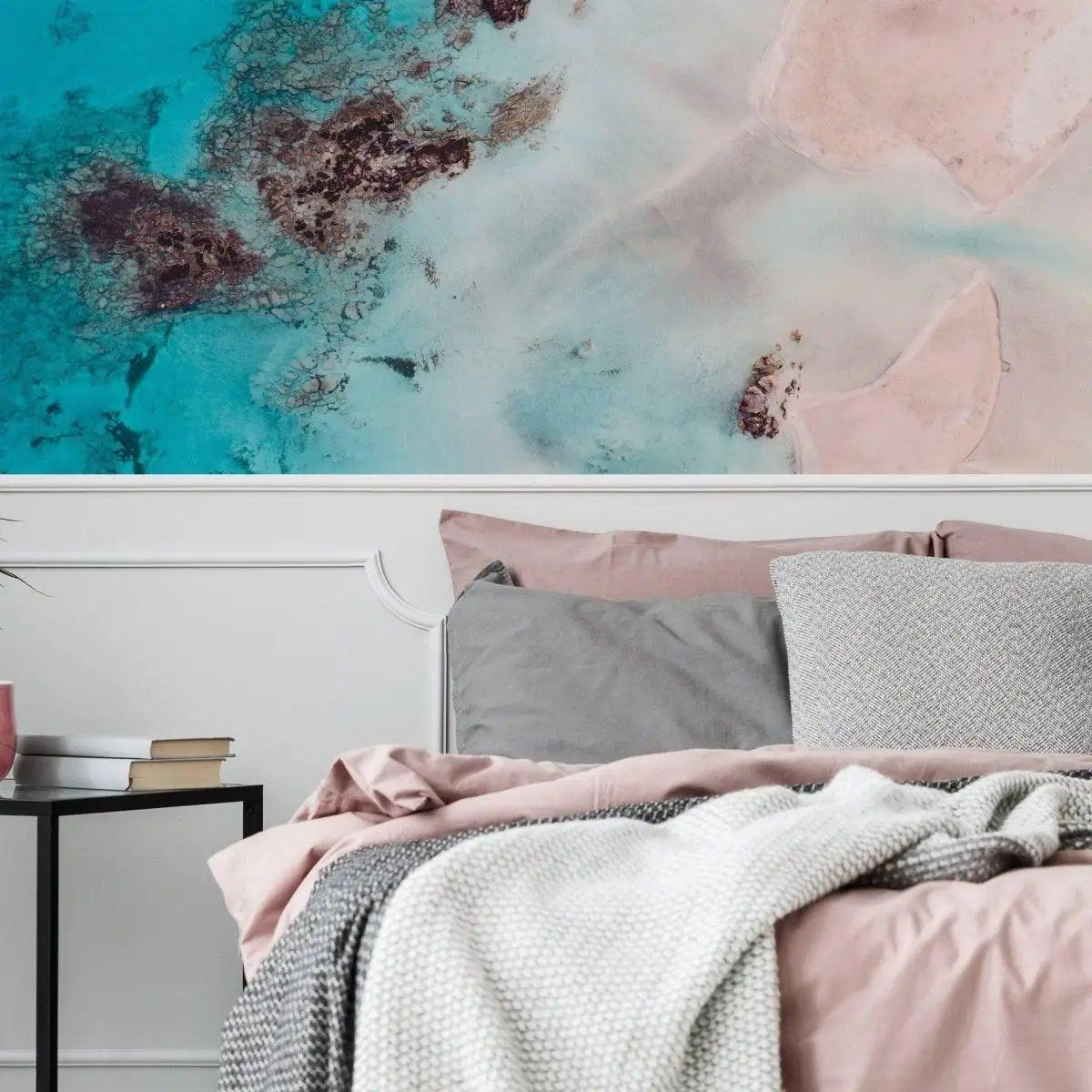 Luxurious self-stick marble vinyl wallpaper in a serene bedroom setting with pastel colors and cozy bedding.
