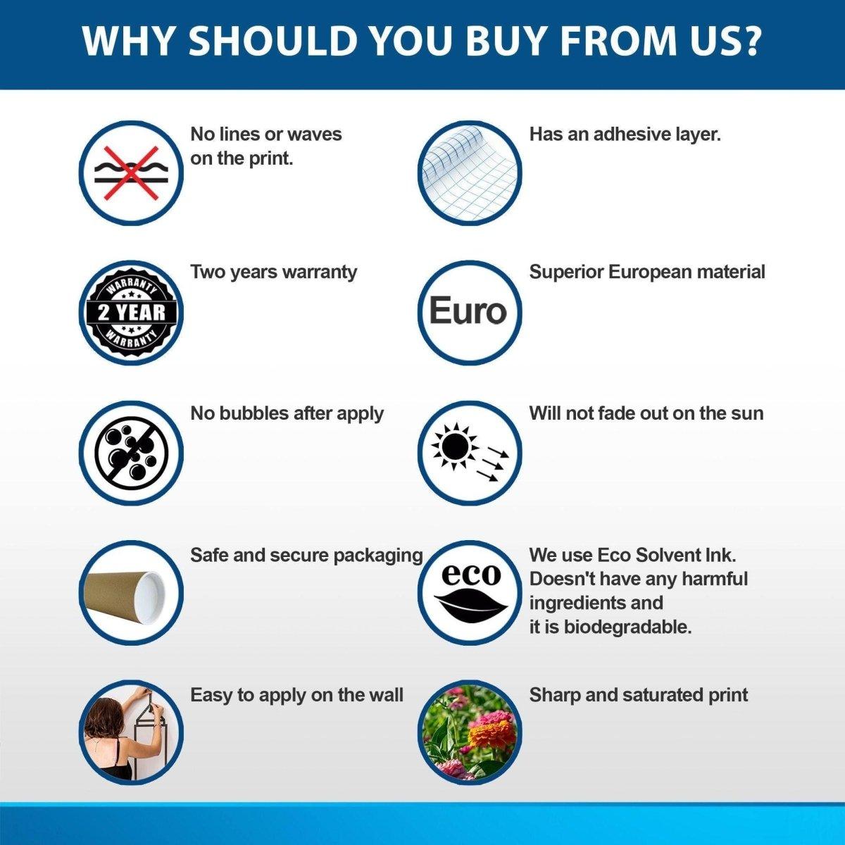 Infographic highlighting benefits of buying Marble Self-Adhesive Wallpaper, including warranty, eco-friendly ink, and ease of application.