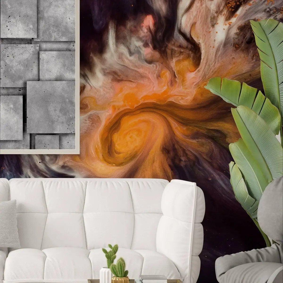 Stylish marble wall panel covering with swirling orange and gray design in modern living room setting.