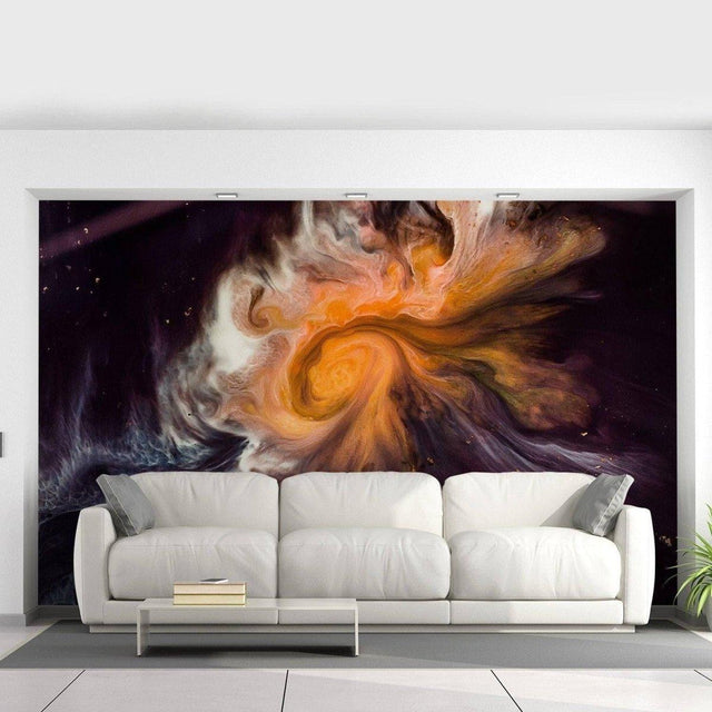 Vibrant abstract mural behind a modern white sofa, featuring swirling shades of orange and black for stylish decor.