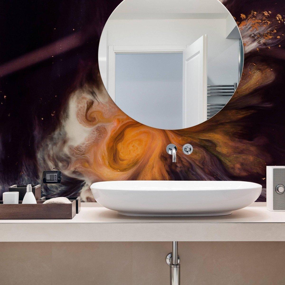 Stylish bathroom featuring a circular mirror and a vibrant cosmic-themed wall mural above a modern sink.