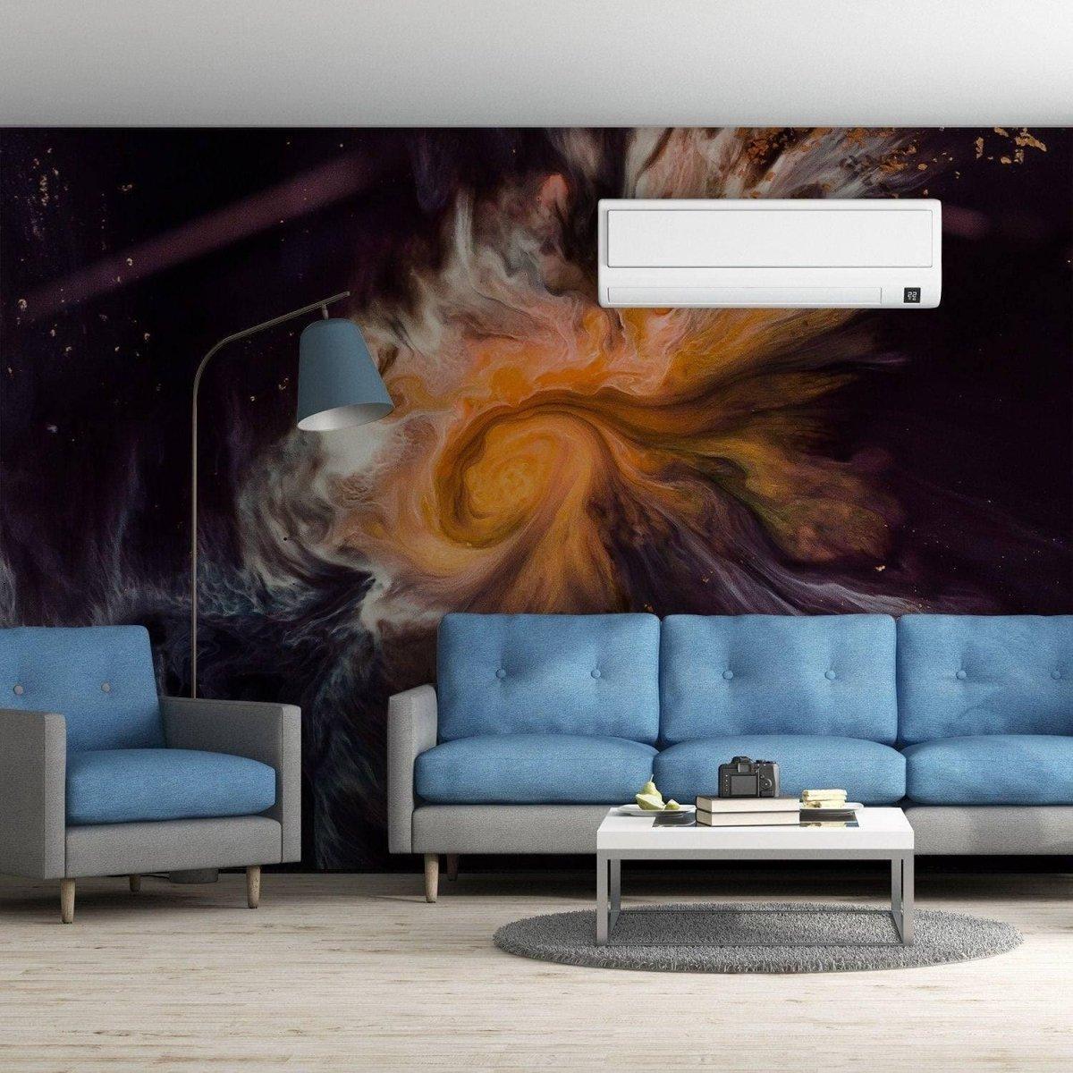 Stylish living room featuring a swirling galaxy wall mural, blue sofas, and modern furniture in an elegant design.