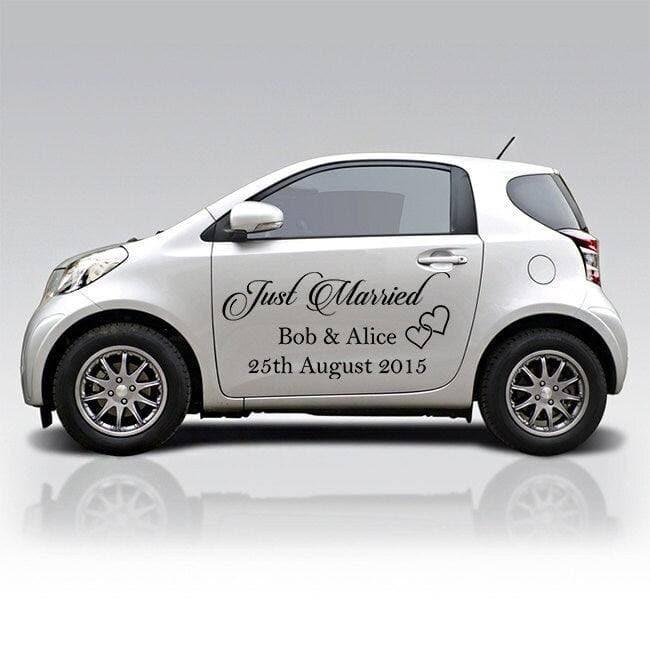 Just Married car decal on a white vehicle featuring bride and groom names and wedding date for a chic wedding celebration.