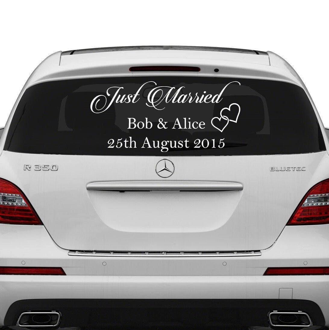 Elegant Just Married car sticker featuring names Bob & Alice and the date 25th August 2015 on a vehicle rear window.