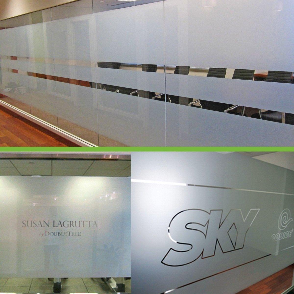 Custom frosted glass window film featuring elegant designs for enhanced privacy and style in office spaces.