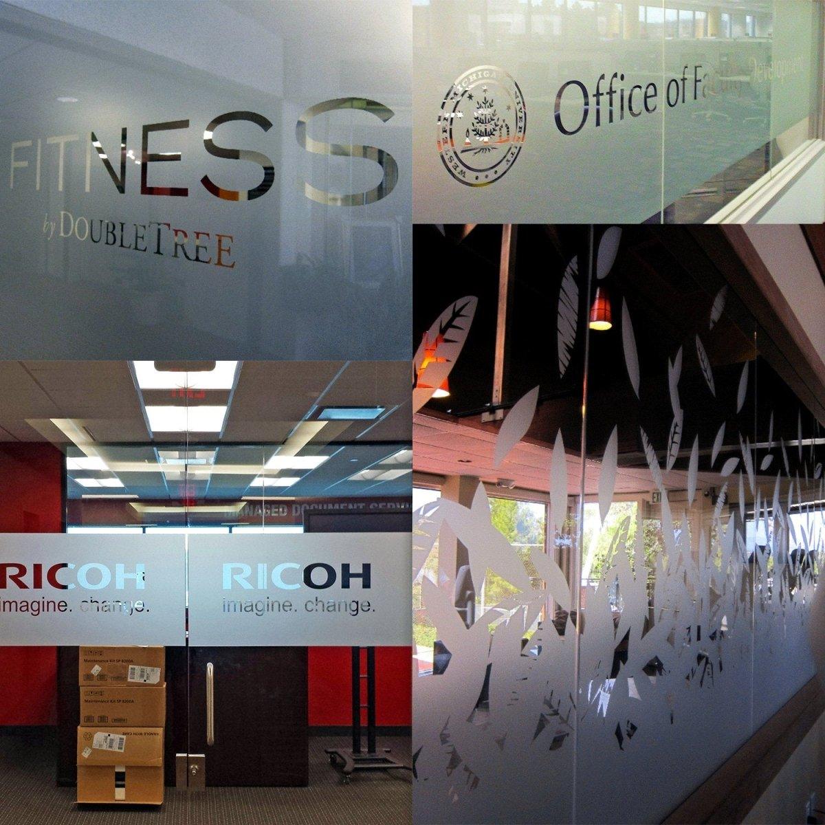 Frosted glass decals with various designs for office privacy and elegance, showcasing fitness and office spaces.