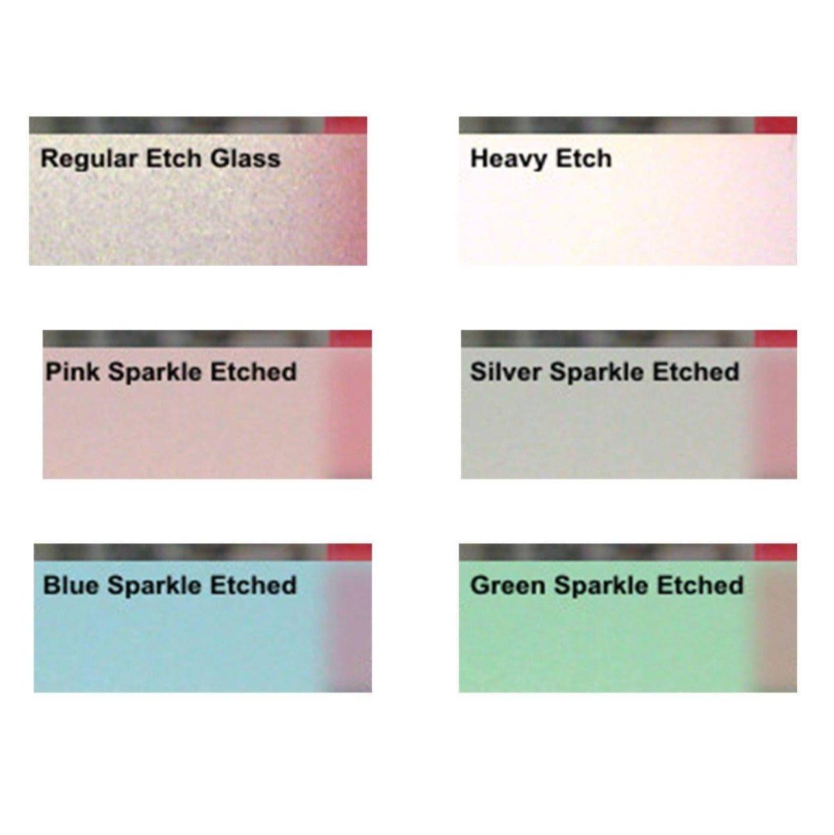 Samples of frosted vinyl window decals: Regular Etch, Heavy Etch, and various Sparkle Etched colors.