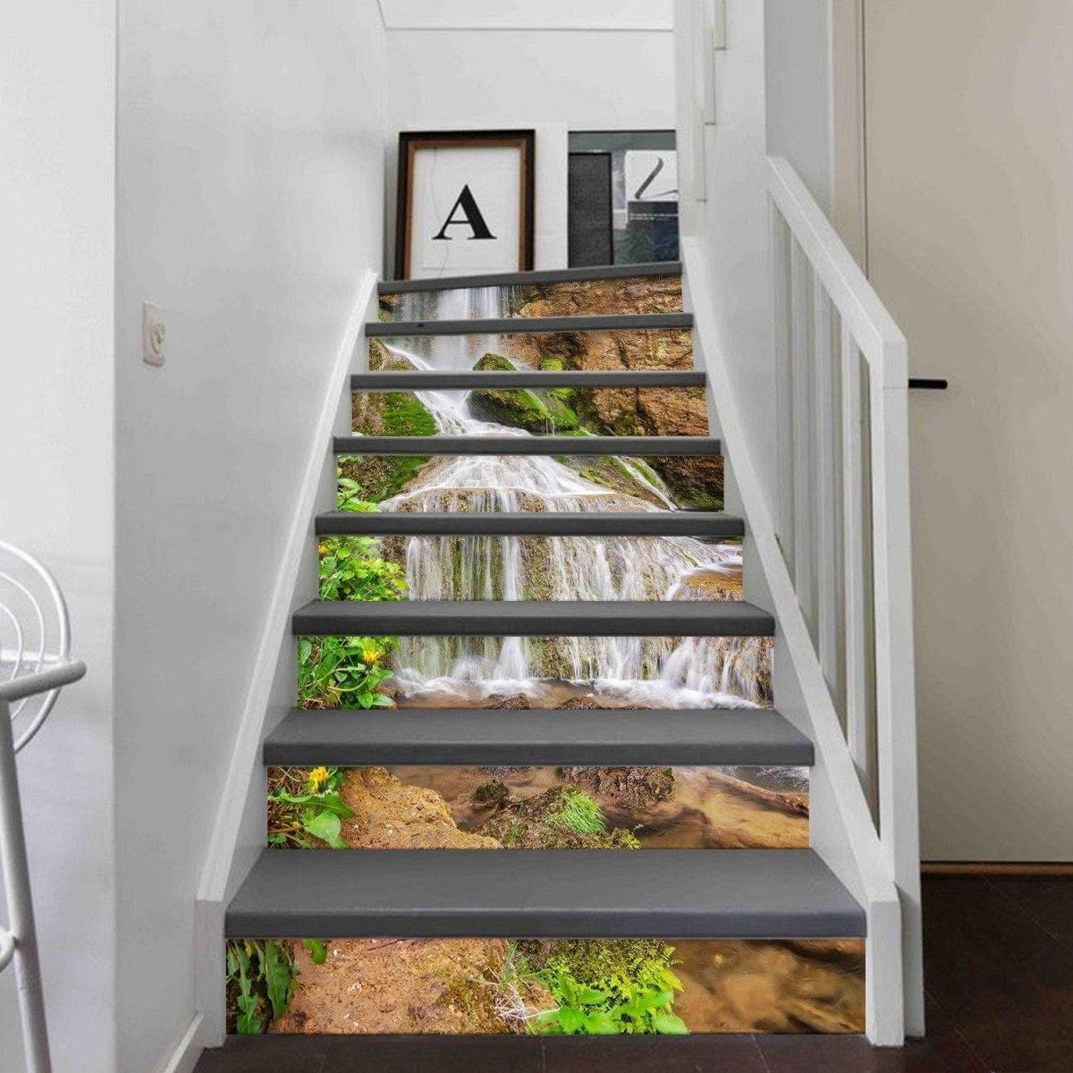 Stylish staircase wall decals with a waterfall design, enhancing home decor with nature-inspired art.