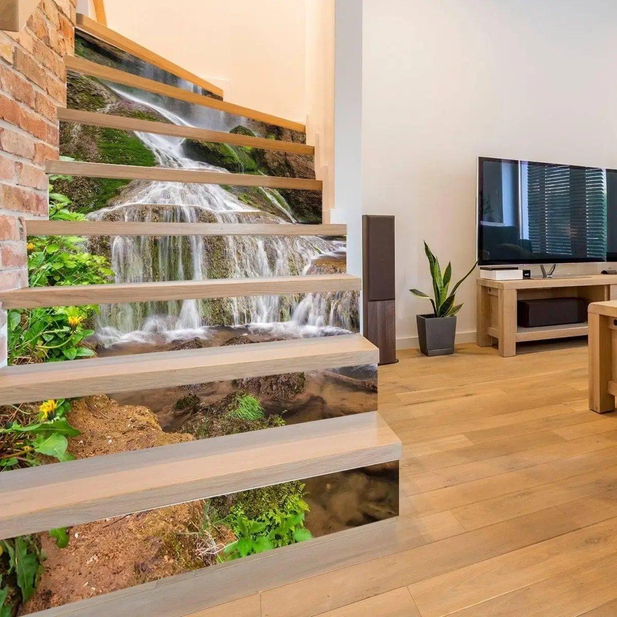 Stylish staircase wall decals featuring a serene waterfall and greenery design, enhancing home décor.