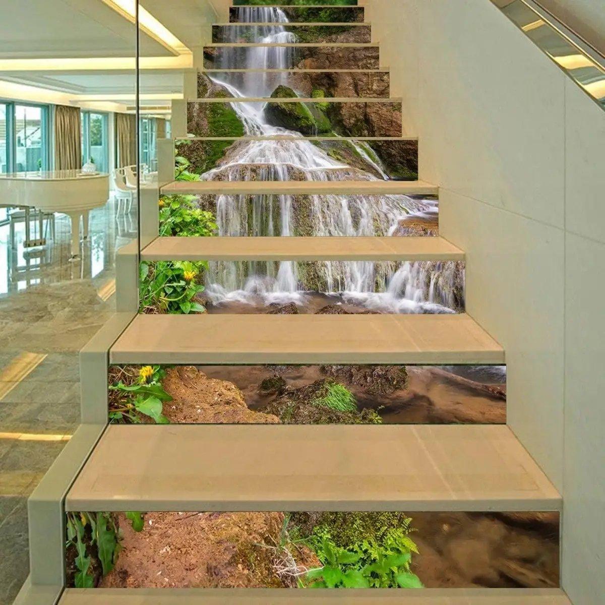 Stylish staircase wall decals featuring a beautiful waterfall and greenery design to enhance home décor.