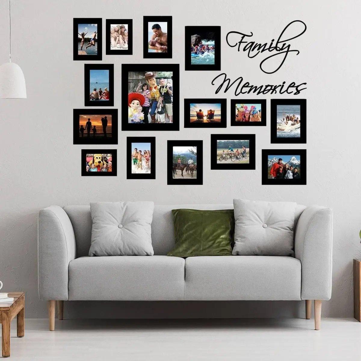 Stylish wall featuring family photo frames and 'Family Memories' decal above a comfortable sofa.