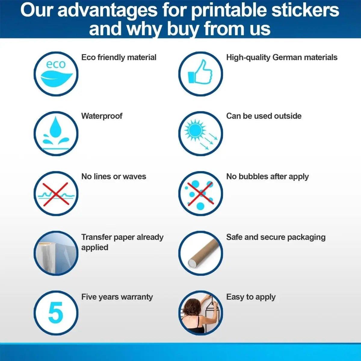 Infographic highlighting advantages of our printable stickers, including eco-friendly, waterproof, and easy application features.