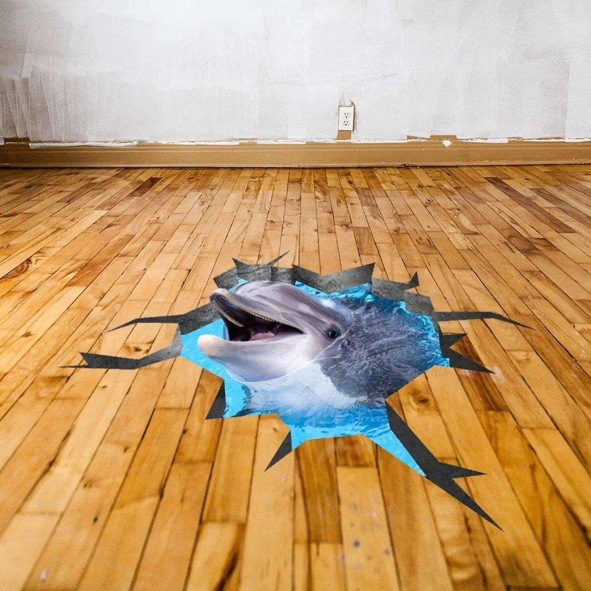 3D vinyl floor decal featuring a dolphin emerging from a cracked wooden floor design.