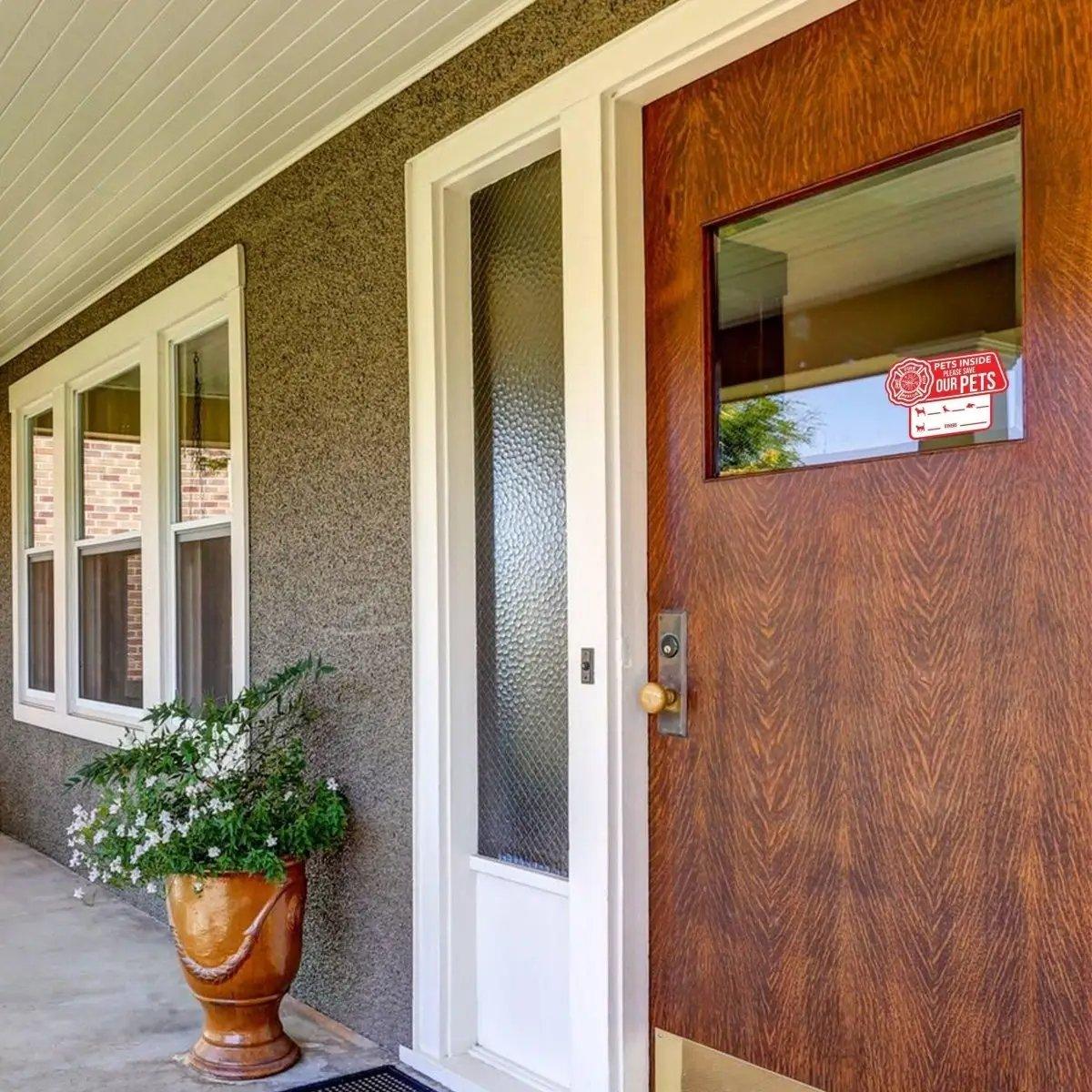 Front porch with a wooden door and a pet alert sticker, promoting pet safety in emergencies.