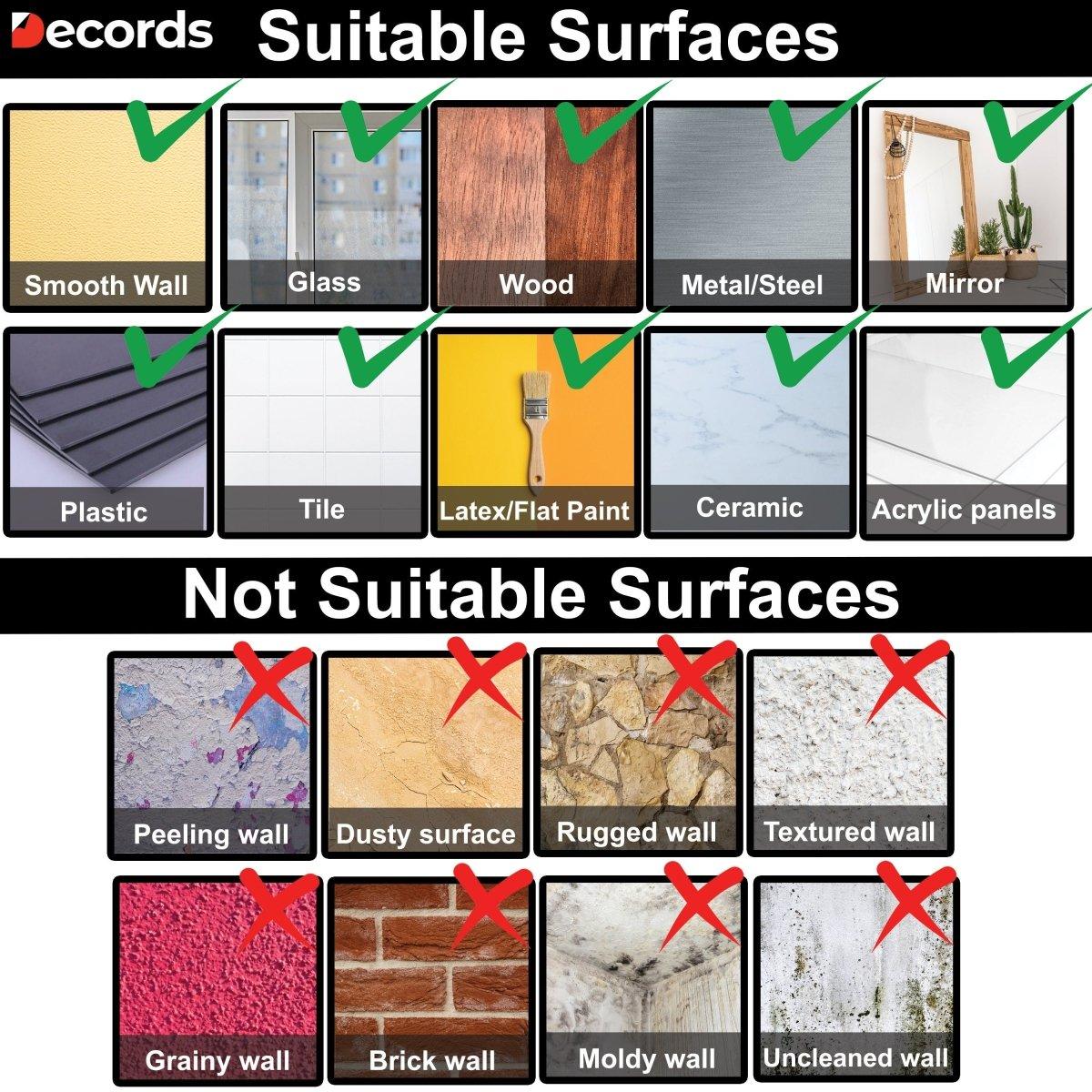 Guide showing suitable and not suitable surfaces for decals, featuring various surfaces like smooth walls and peeling walls.