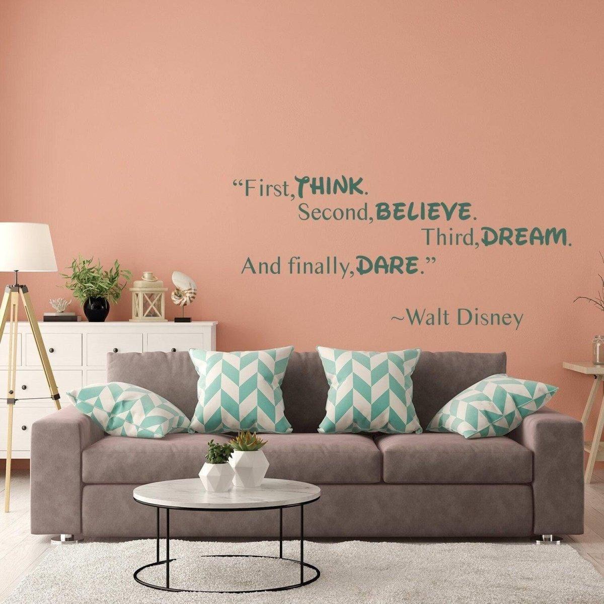 Inspirational Walt Disney quote wall sticker in a stylish living room with modern decor and patterned cushions.