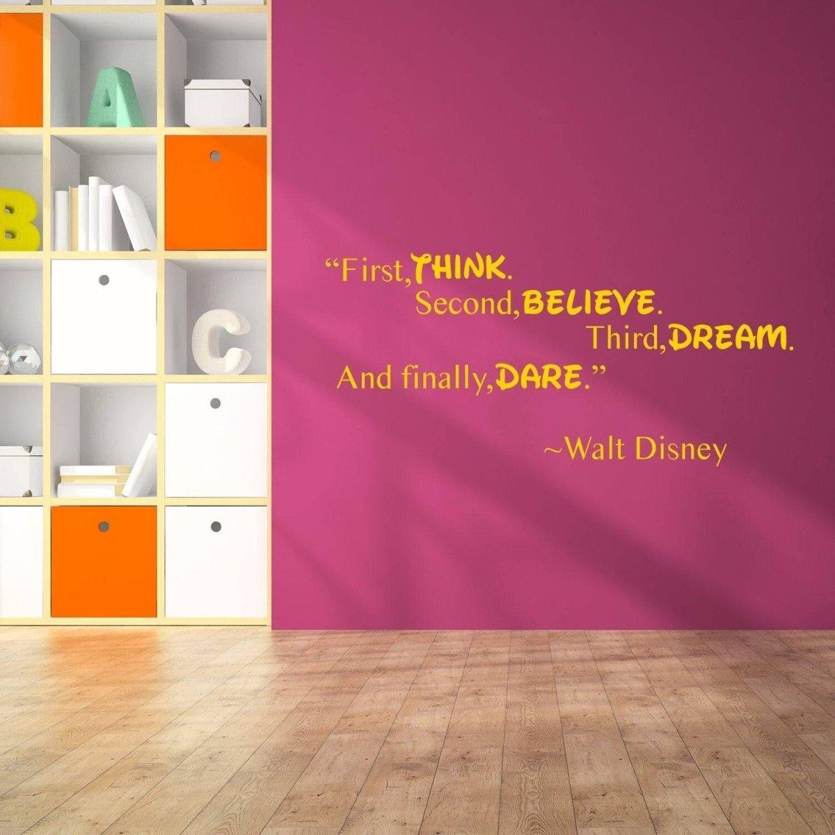 Walt Disney quote wall sticker in yellow on pink wall, showcasing inspirational message for home decor.