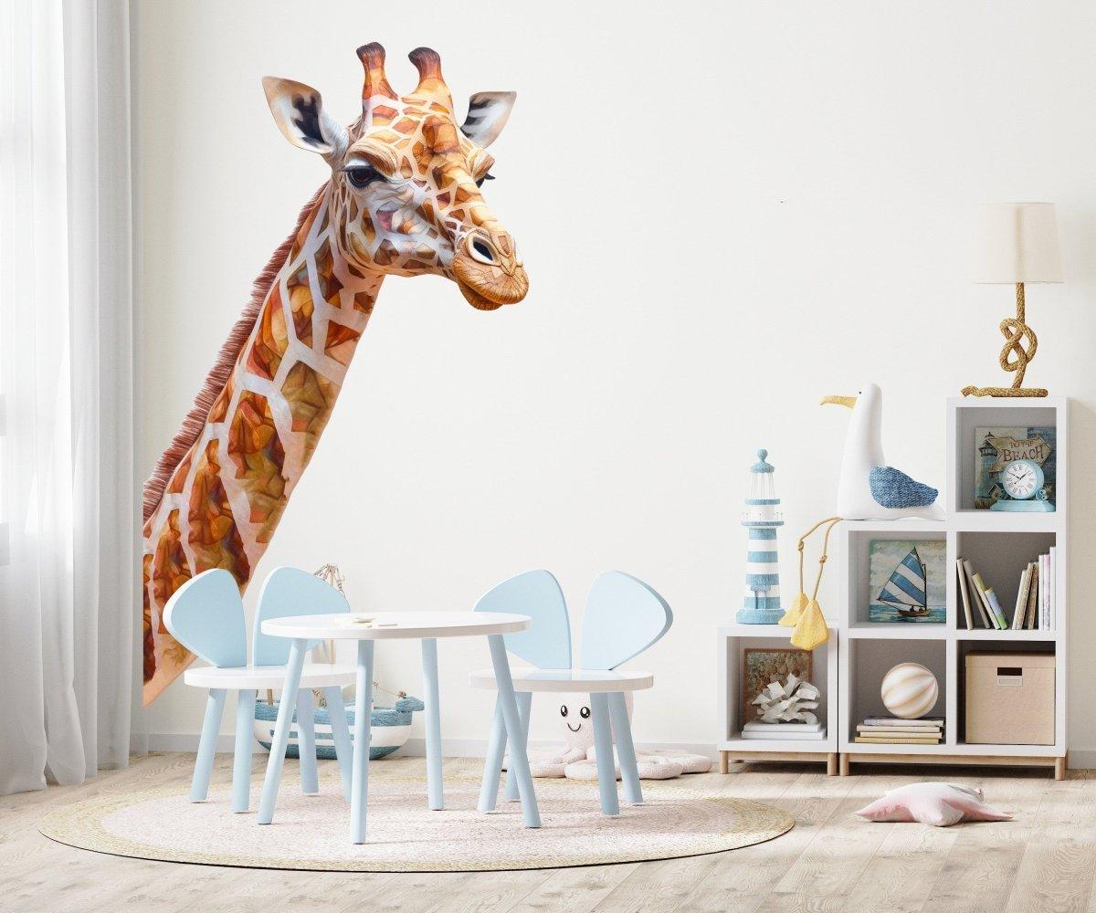 Playful giraffe wall decal in a kid's room, enhancing the joyful safari theme for toddlers.