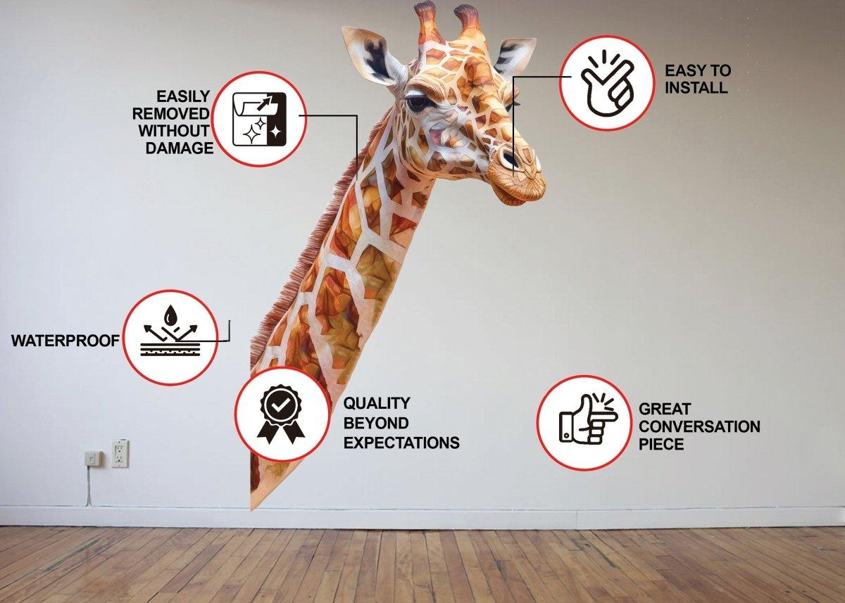 Giraffe wall decal showcasing installation features and benefits in a kid's bedroom setting.