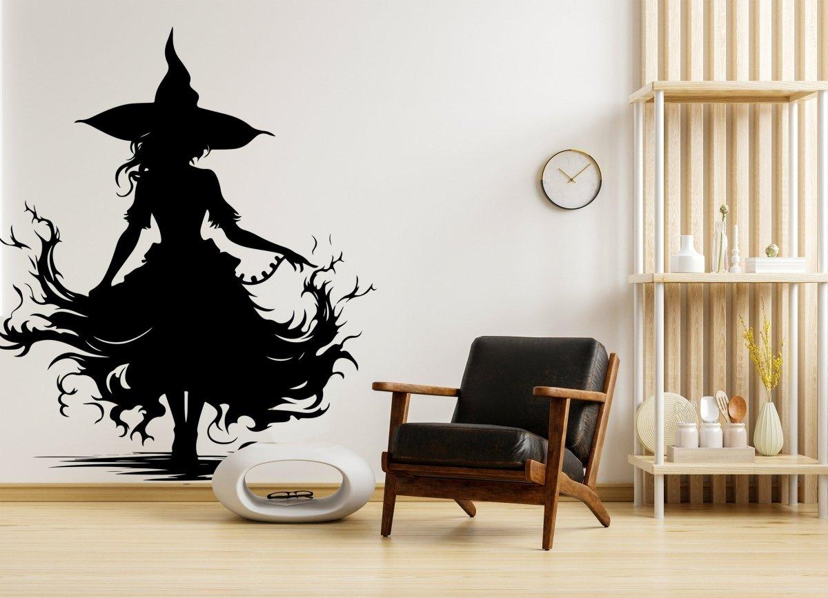 Mystical sorceress silhouette wall decal in black against a modern interior, perfect for Halloween decoration.
