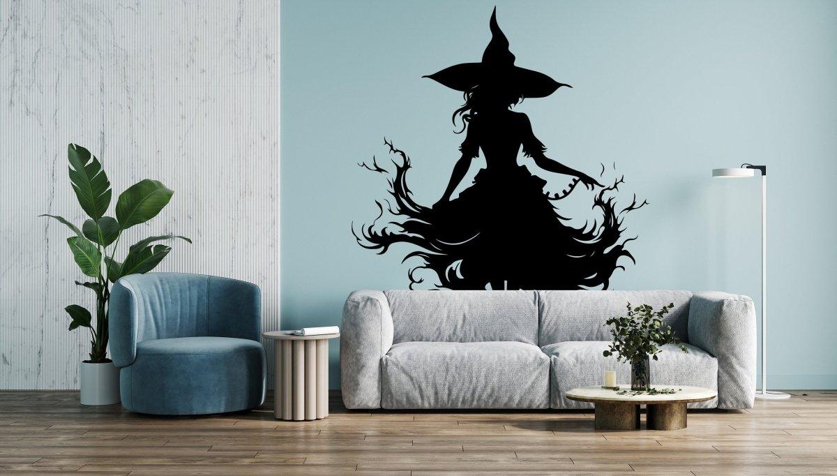 Enchanting sorceress silhouette decal on a stylish wall, perfect Halloween decoration for home interiors.