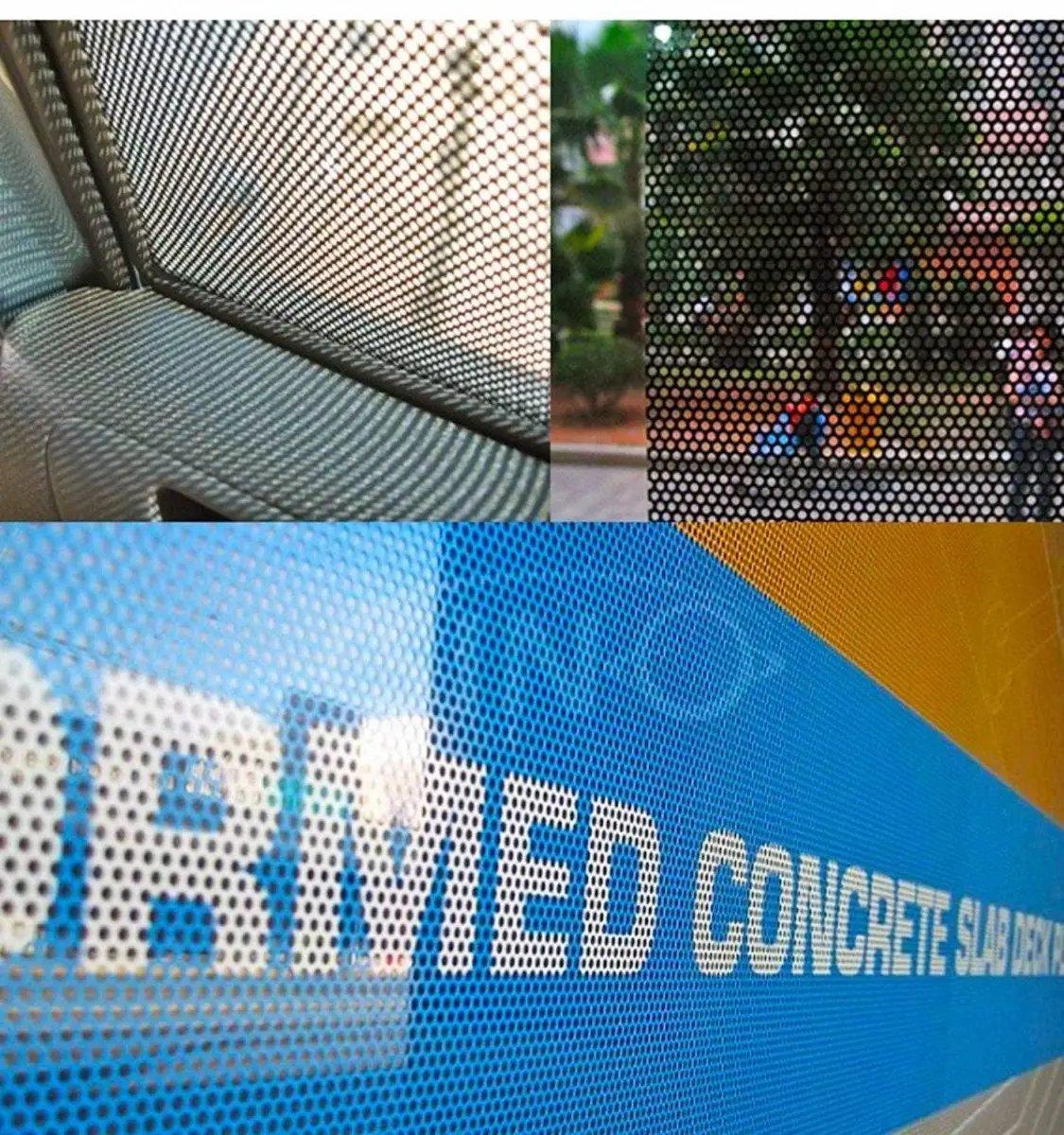 Close-up of a one-way window film showing perforations, providing privacy while allowing visibility through the film.