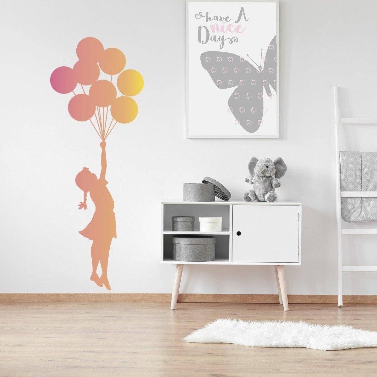 Ethereal Dreams removable wall sticker featuring a girl with balloons, perfect for nursery or bedroom decor.
