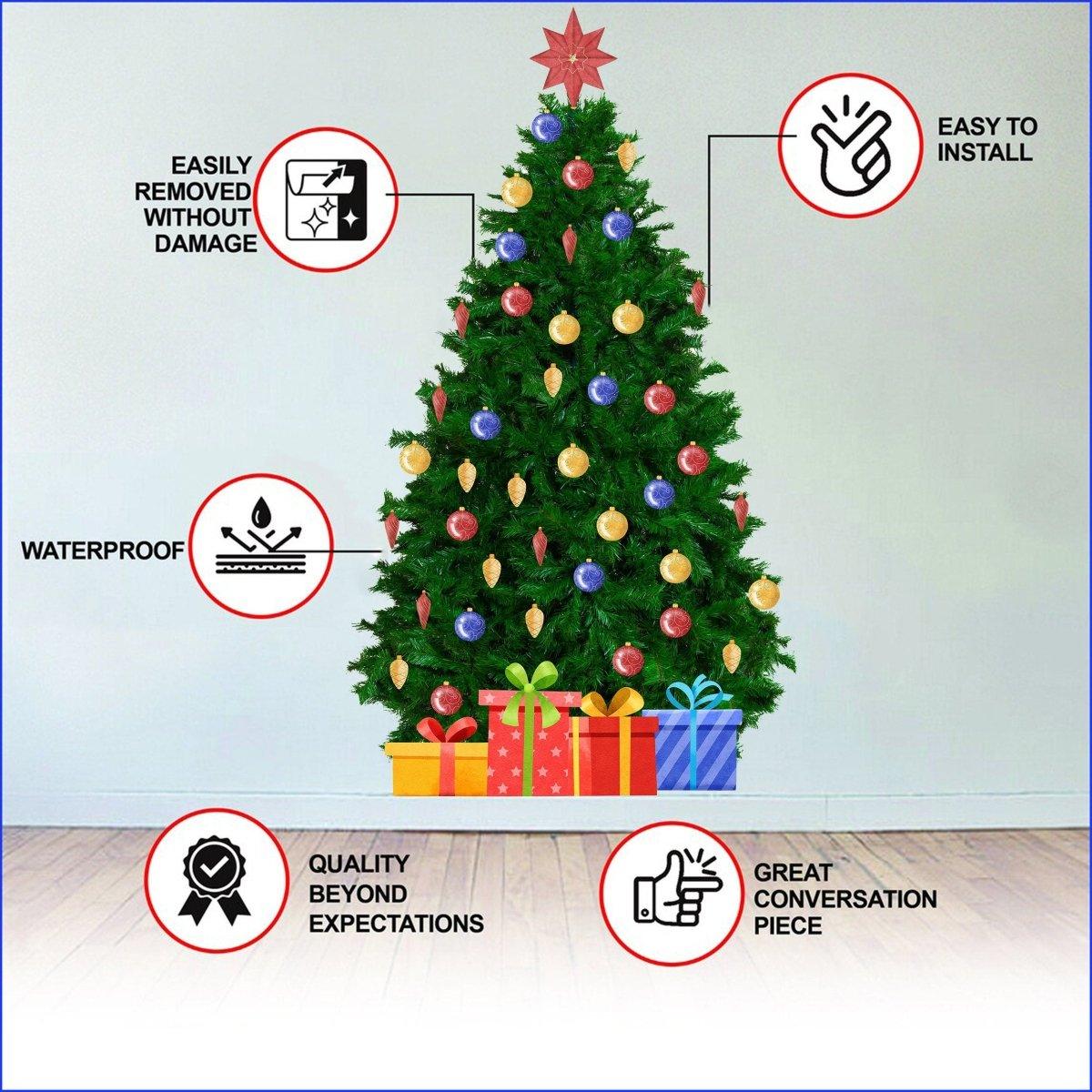 Large Christmas tree wall decal with colorful ornaments, easy to install and remove, waterproof, perfect for holiday decor.