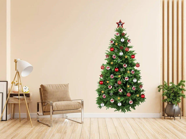 Festive pine wall decal of a Christmas tree with ornaments, adding holiday cheer to a modern living room.