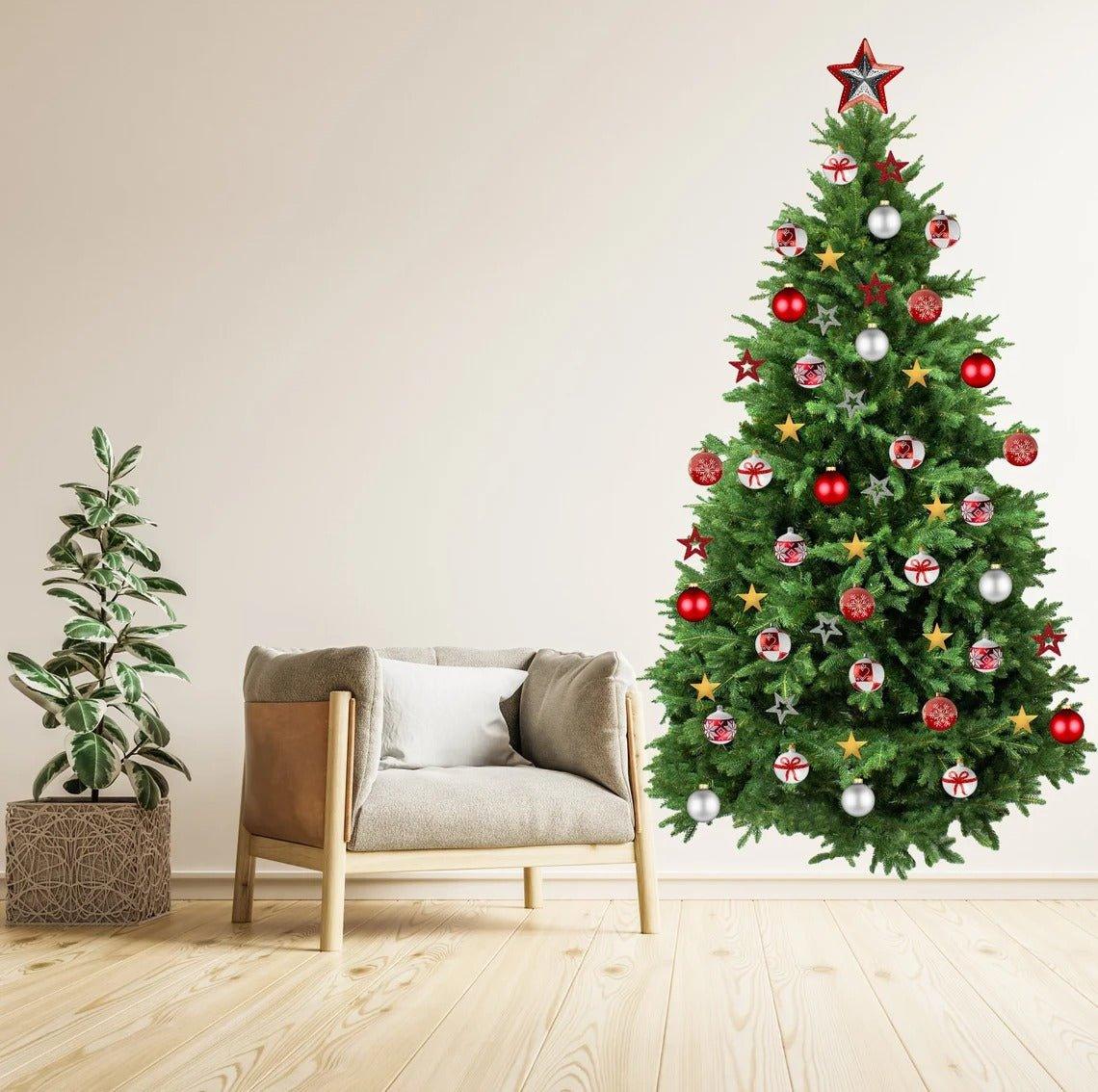 Festive pine wall decal featuring colorful ornaments and a star, enhancing holiday decor for a cozy living space.