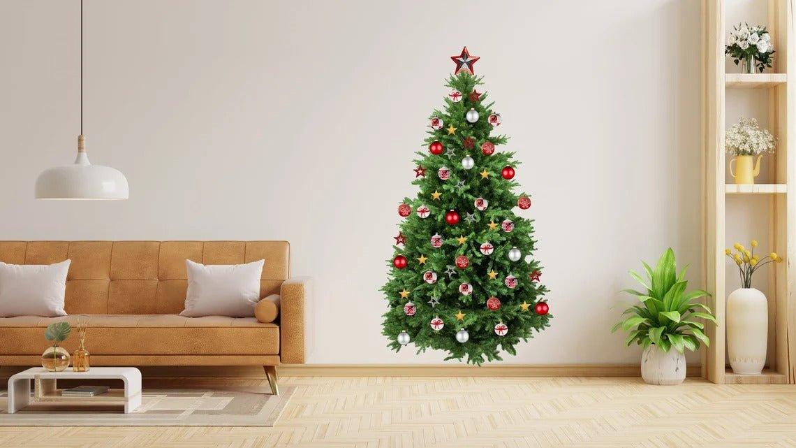 Festive Christmas tree wall decal with ornaments in a cozy living room setting, perfect for holiday decor.